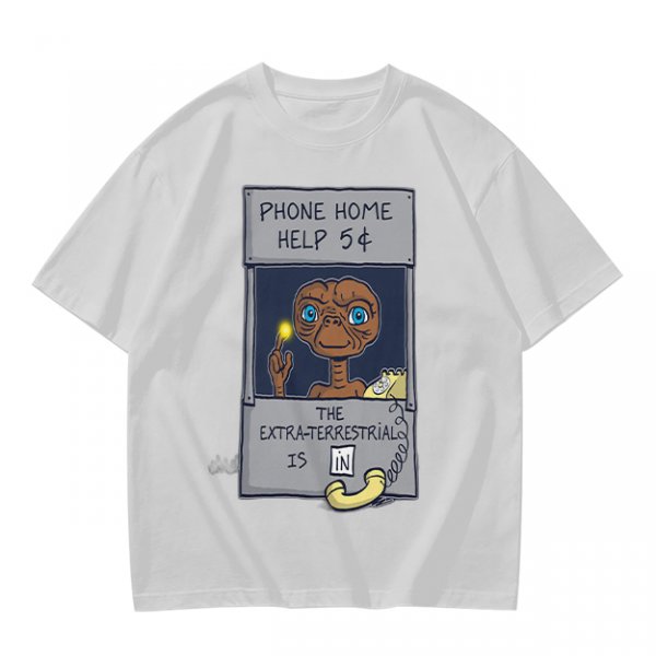Olive green t-shirt with E.T. phone home graphic print