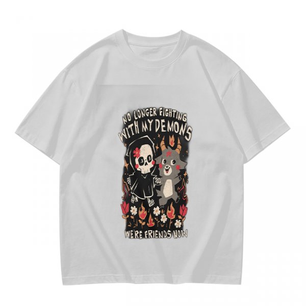 Olive graphic t-shirt with 'No longer fighting with my demons we're friends now' print