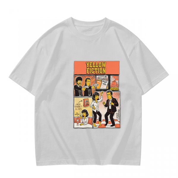 Olive green t-shirt with Yellow Fiction Simpson-style Pulp Fiction dance print
