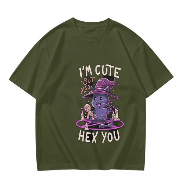 Olive green t-shirt with cute witch cat hex you graphic