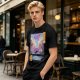 Olive T-shirt with Cyberpunk City Bridge Character Art Print