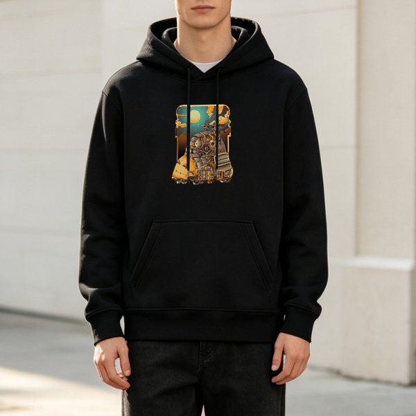 Black Hoodie With Steampunk Train Night Scene Graphic