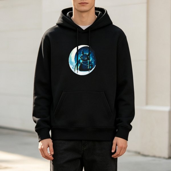 Black Hoodie With Toothless Dragon On Crescent Moon Graphic
