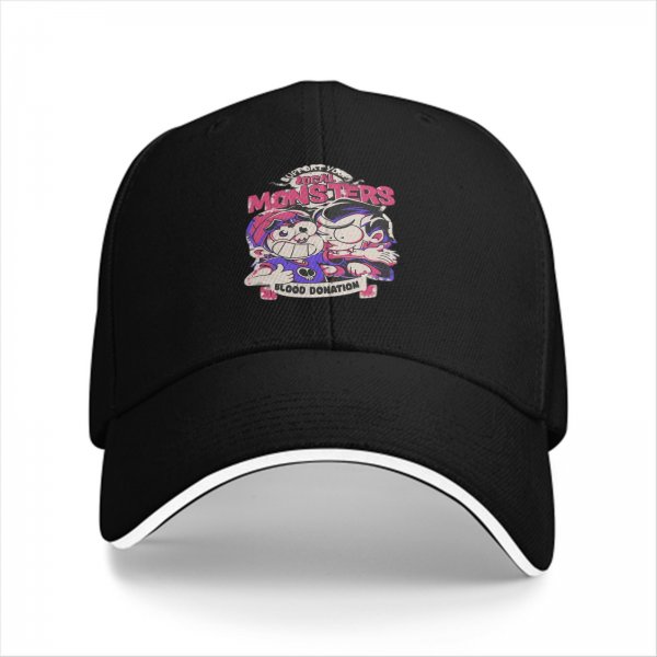 Black baseball cap with local monsters blood donation graphic print