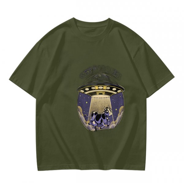 Olive Green T-Shirt with UFO Abducting Cow Graphic