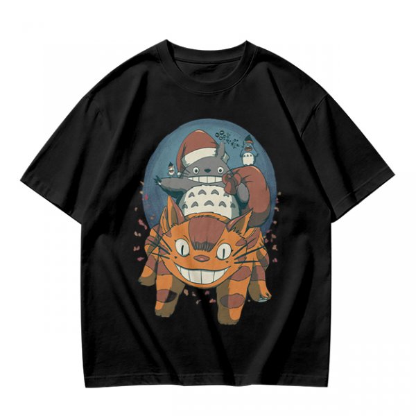 Olive T-shirt with Christmas Totoro Riding Catbus Graphic