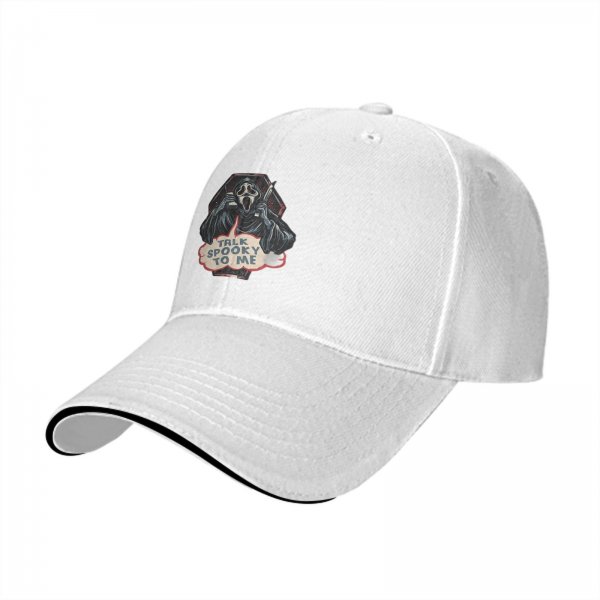 Black baseball cap with Ghostface 'Talk Spooky To Me' horror print