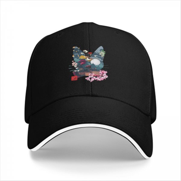 Black Baseball Cap With Cat Silhouette Cherry Blossom Landscape Art