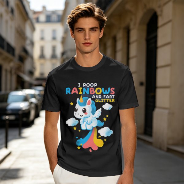 Olive t-shirt with playful unicorn rainbow poop and glitter fart graphic