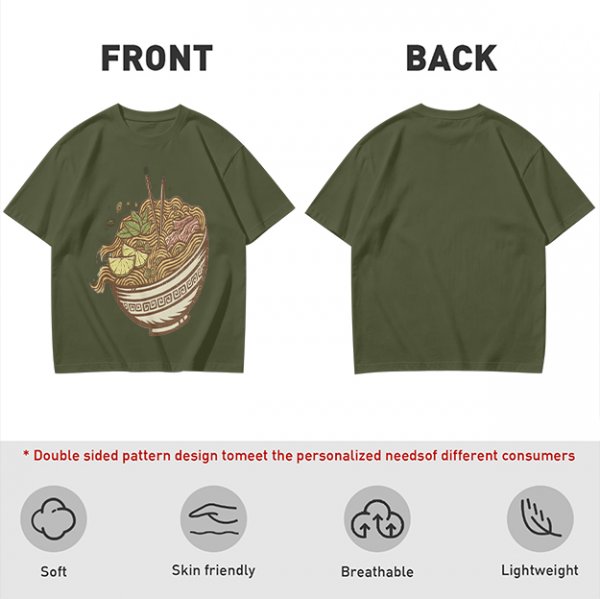 Olive Green T-Shirt With Illustrated Noodle Bowl Print