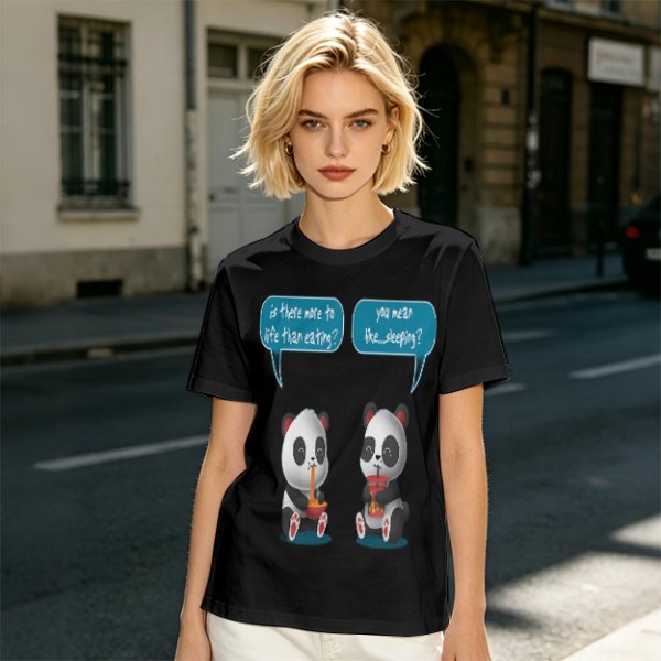 Olive t-shirt with pandas discussing life beyond eating and sleeping