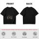 Olive green graphic t-shirt with symmetrical dark and orange artwork