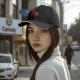 Black Baseball Cap With Playful Black Cat Red Graphic Design