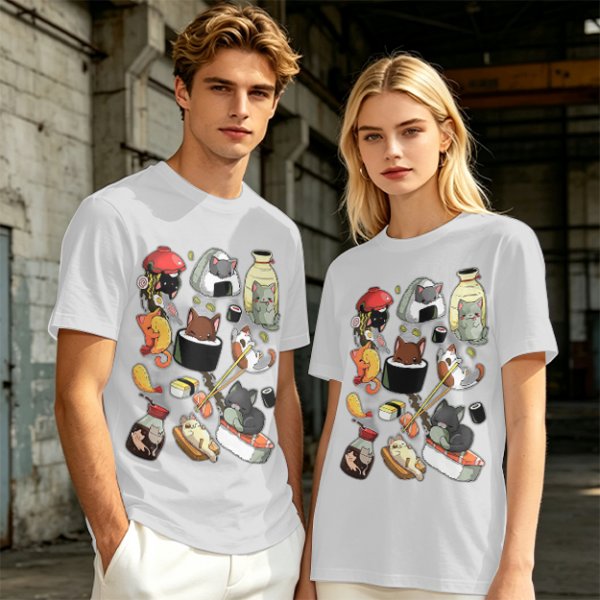Olive T-Shirt With Cute Sushi Cat Illustrations