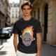 Olive green t-shirt with cute cartoon flaming asteroid graphic