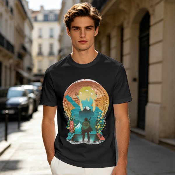 Olive Green T-Shirt With Fantasy Hero Silhouette Landscape Art