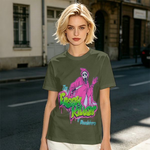 Olive T-Shirt with Neon Pink Ghostface 'The Fresh Killer' Print