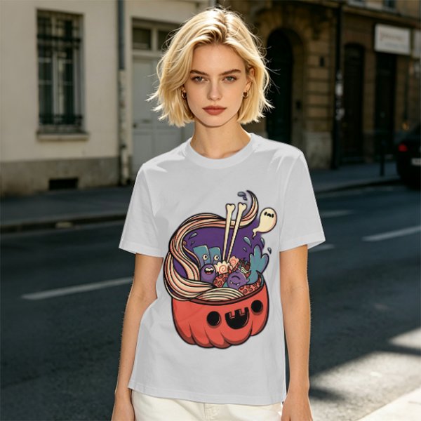 Halloween pumpkin ramen bowl with cute monster graphic t-shirt