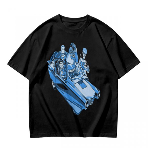 Olive T-shirt with retro blue cartoon car and characters graphic