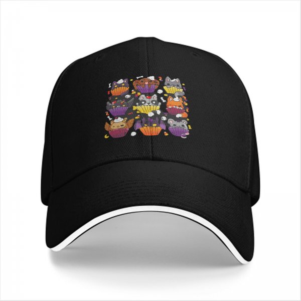 Black baseball cap with Halloween animal cupcake graphic design