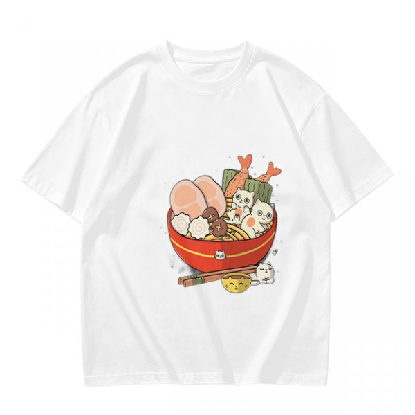 Olive T-Shirt With Cute Cat Ramen Bowl Graphic Print