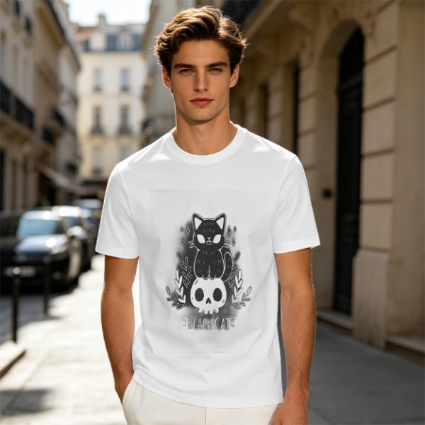 Olive green graphic t-shirt with black cat and skull print