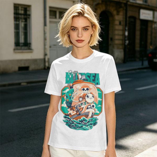 Olive T-Shirt with Cartoon Pirate Ship Blue Sea Cruise Print