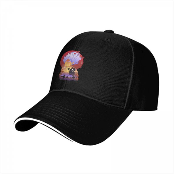 Black Baseball Cap With Anime Character Sunset Ship Art Print
