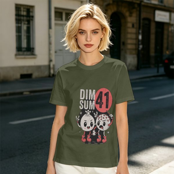 Olive Graphic T-Shirt with Dim Sum 41 Cartoon Characters