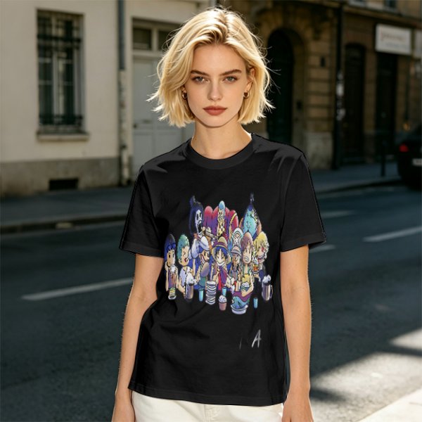 Olive T-Shirt with Anime Character Group Coffee Print