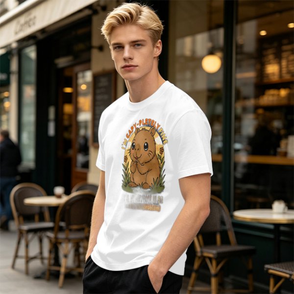 Olive t-shirt with cute capybara 'I'm capy-pletely fine' graphic