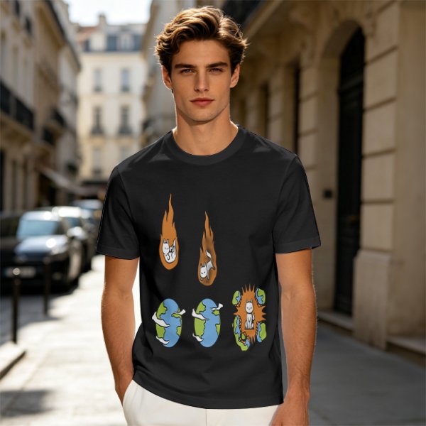 Olive Graphic Tee With Falling Cat Comets And Earth Artwork