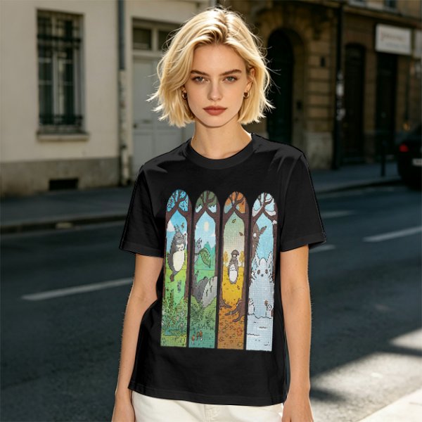 Olive T-Shirt With Stained Glass Style Four Seasons Forest Creature Art