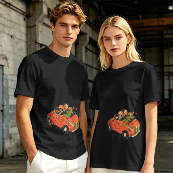 Olive T-Shirt with Skeleton and Friends in Christmas Car Print