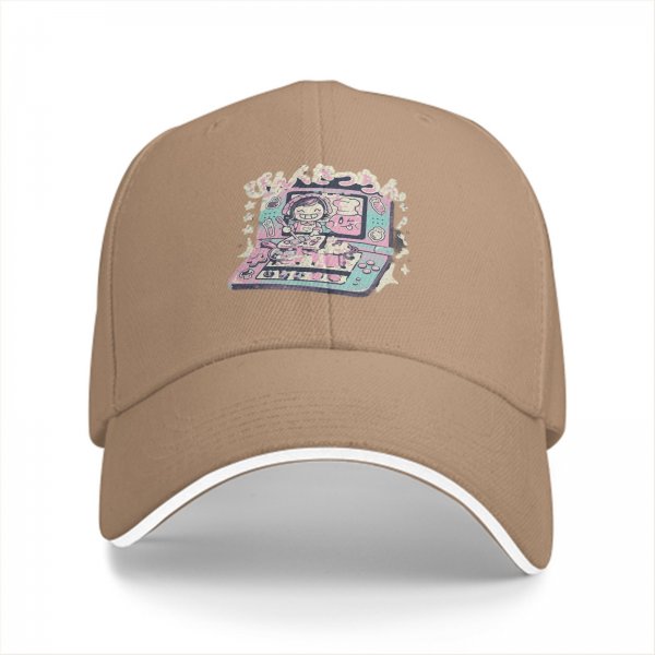 Black baseball cap with pastel handheld gaming and anime character print