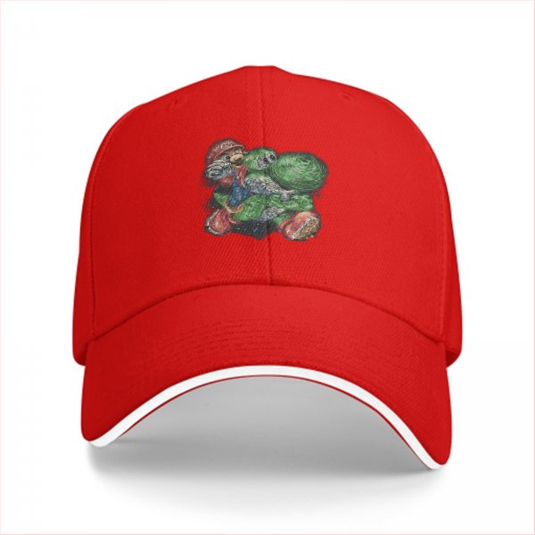 Black Baseball Cap With Artistic Mario And Green Turtle Print