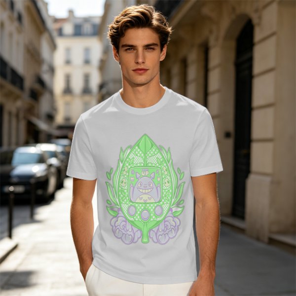 Olive Green T-Shirt With Leaf Shaped Tamagotchi Totoro Print