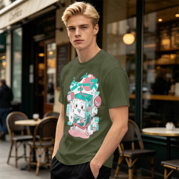 Olive t-shirt with a cartoon apple juice box skeleton graphic