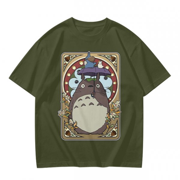 Olive Green T-Shirt With My Neighbor Totoro Art Nouveau Print