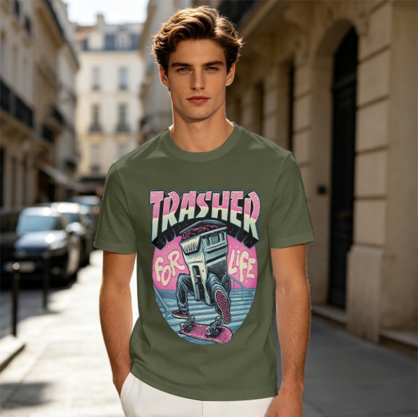 Olive T-Shirt With Trashed Skateboarding Graphic Design