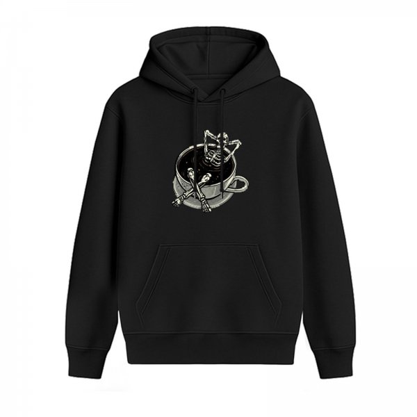 Black hoodie with a skeleton relaxing in a coffee cup print