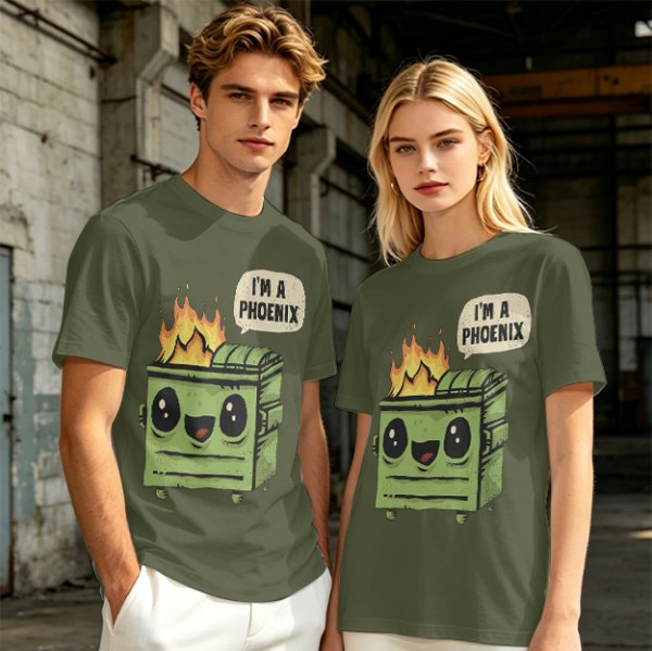 Olive green t-shirt with a cartoon dumpster on fire saying I'm a phoenix