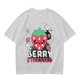 Olive graphic t-shirt with crying strawberry and 'berry stressed' text