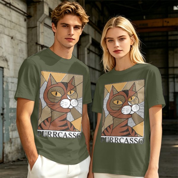Olive green t-shirt with cubist style cat print and Purrcasso text
