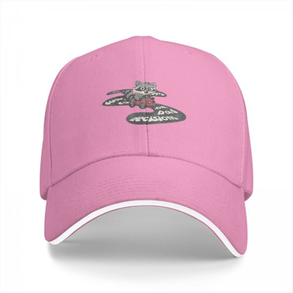 Black baseball cap with raccoon driving car and bad decisions print