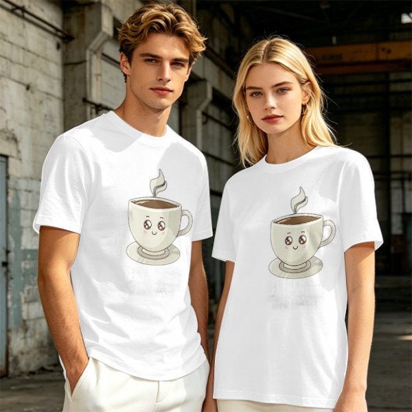 Olive Green T-Shirt With Cute Smiling Steaming Coffee Cup Print