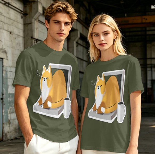 Olive T-Shirt with a Sleeping Cat on a Laptop Print
