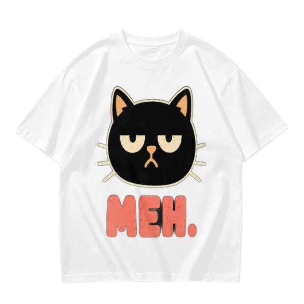 Olive T-Shirt With Grumpy Black Cat Meh Graphic Print