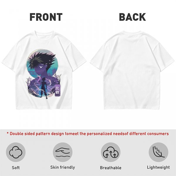 Anime character silhouette graphic tee with stylized purple and blue art