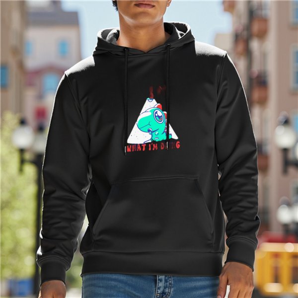 Black hoodie with cartoon dinosaur graphic and 'WHAT I'M DOING' text